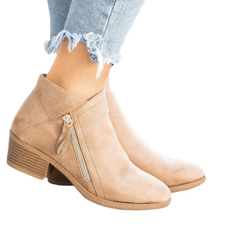 Marigold side zip block heel ankle boots in blue, side view