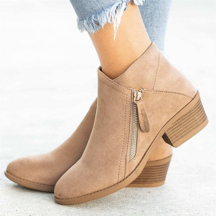 Marigold side zip block heel ankle boots in blue, side view