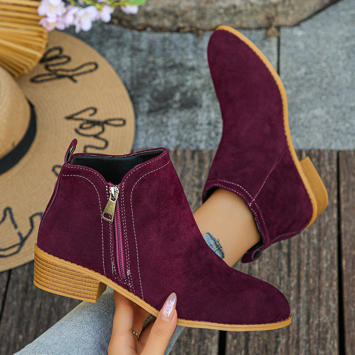 Esperanza burgundy ankle boots, top view with block heel detail