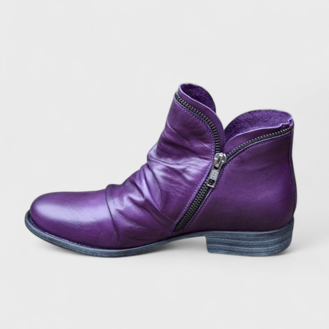 Rosalind purple slouch ankle boot with side zip, side view