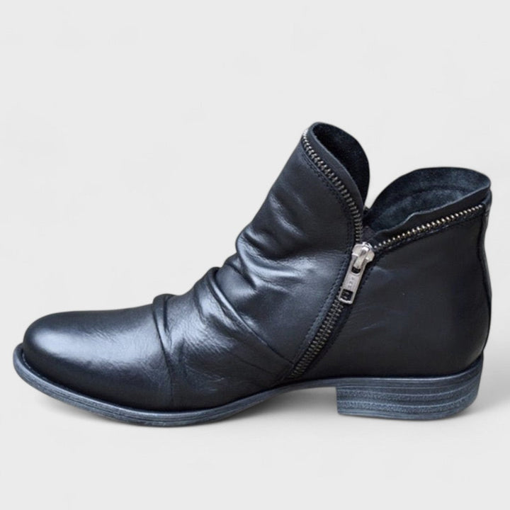 Rosalind black slouch ankle boot with side zip, side view