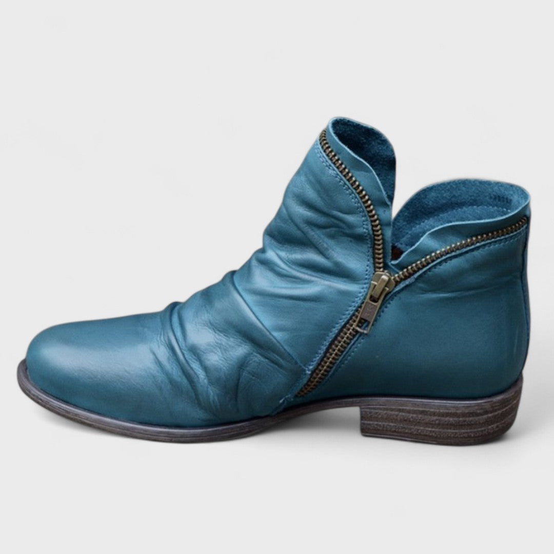 Rosalind teal slouch ankle boot with side zip, side view