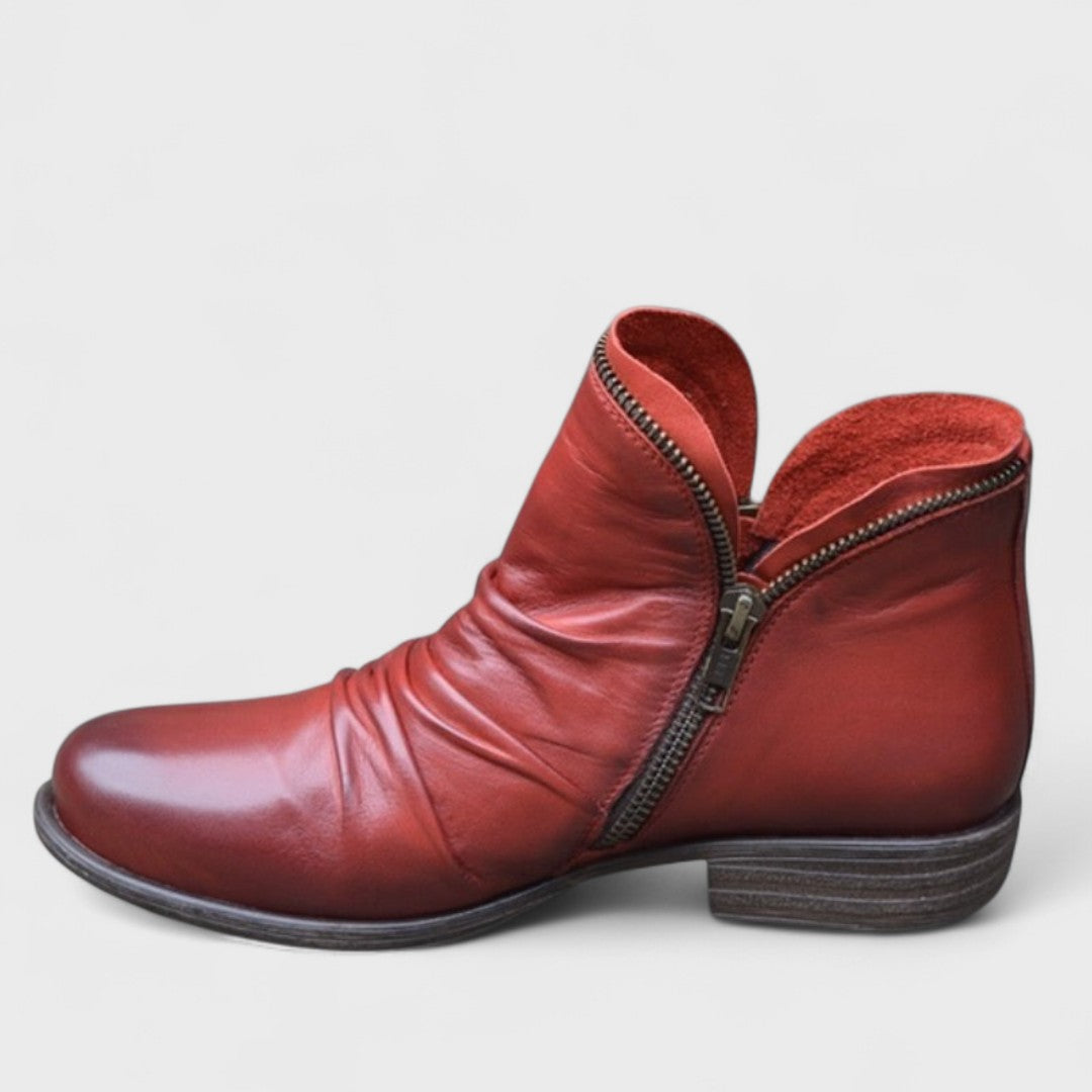 Rosalind red slouch ankle boot with side zip, side view