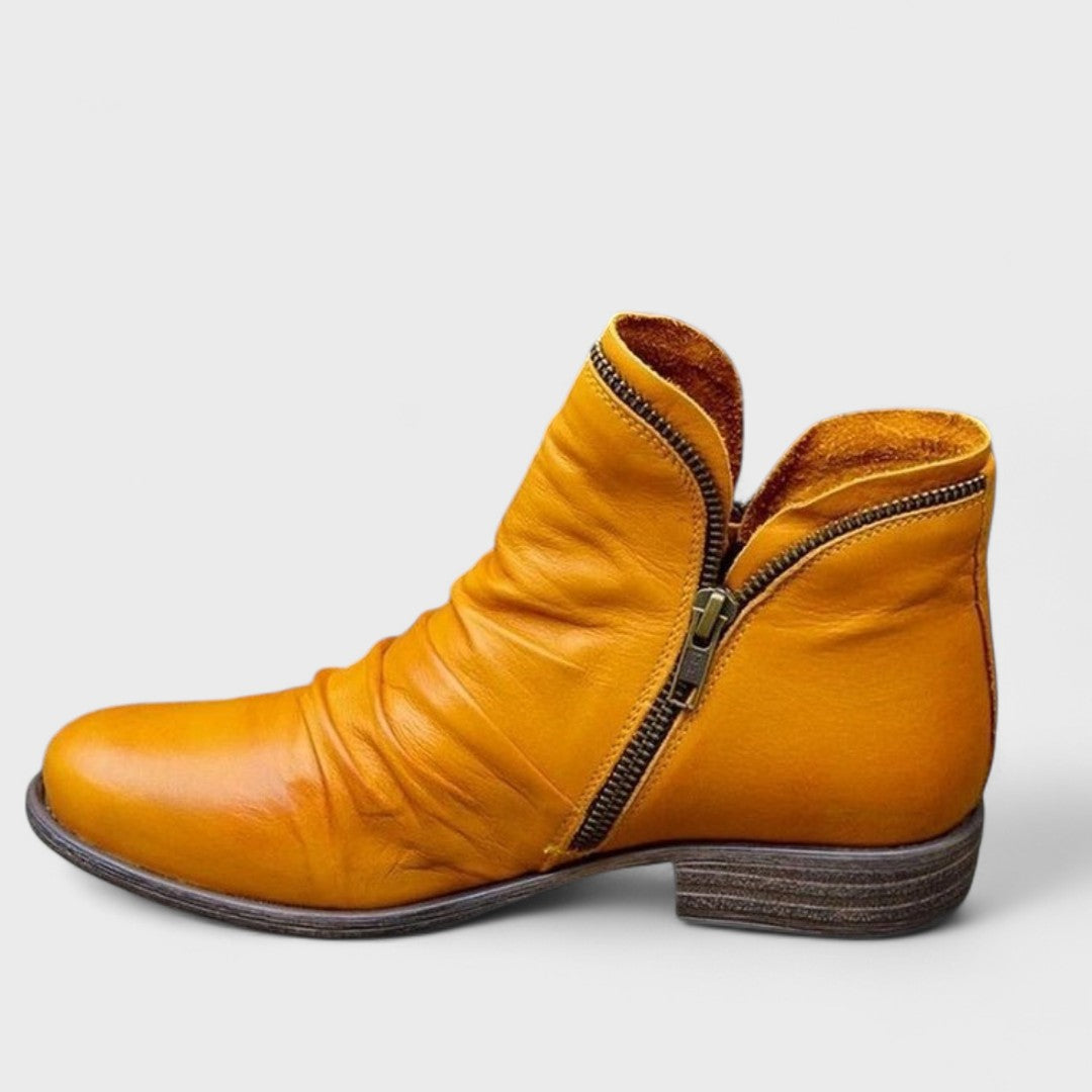 Rosalind red slouch ankle boot with side zip, side view
