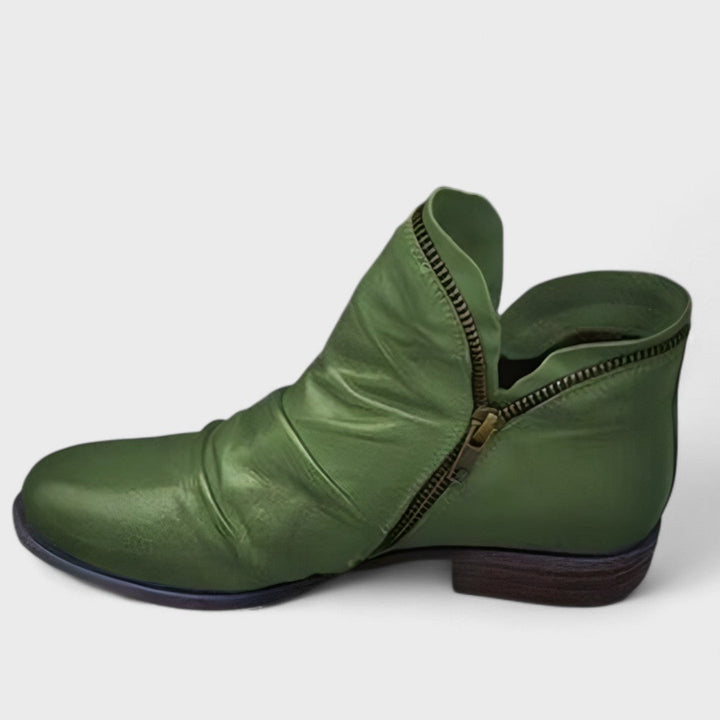 Rosalind red slouch ankle boot with side zip, side view