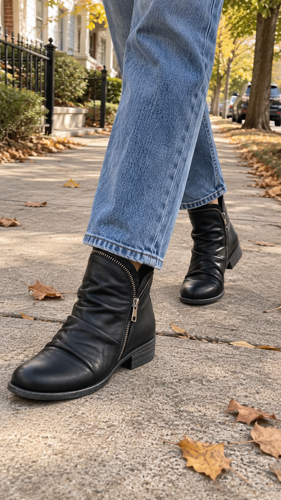 Vivienne black slouch ankle boots, walking street view