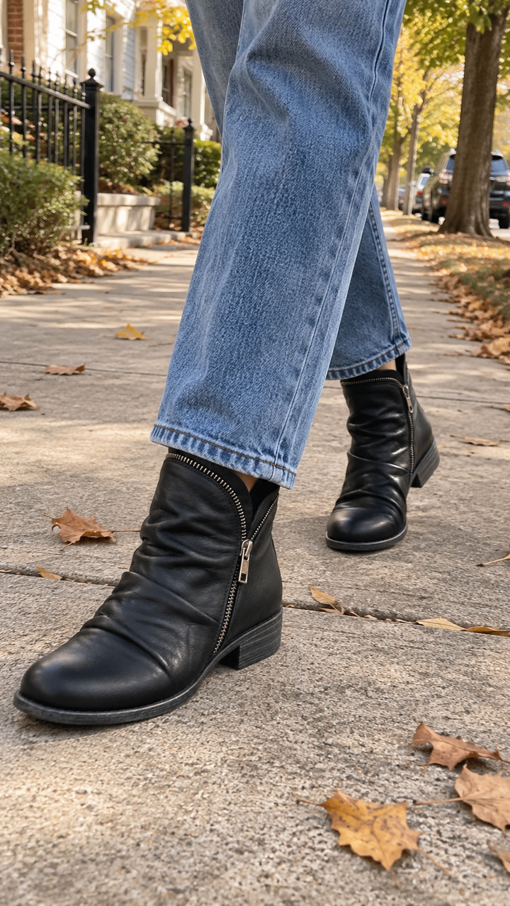 Vivienne black slouch ankle boots, walking street view