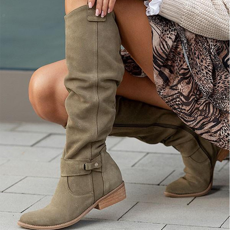 Georgette slouch knee high boots in brown, front view with floral dress