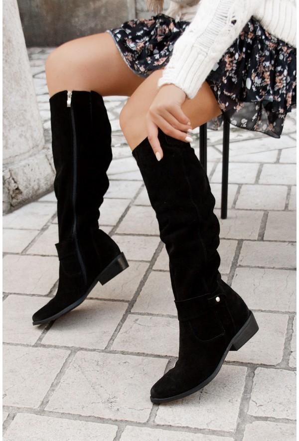 Georgette slouch knee high boots in brown, front view with floral dress
