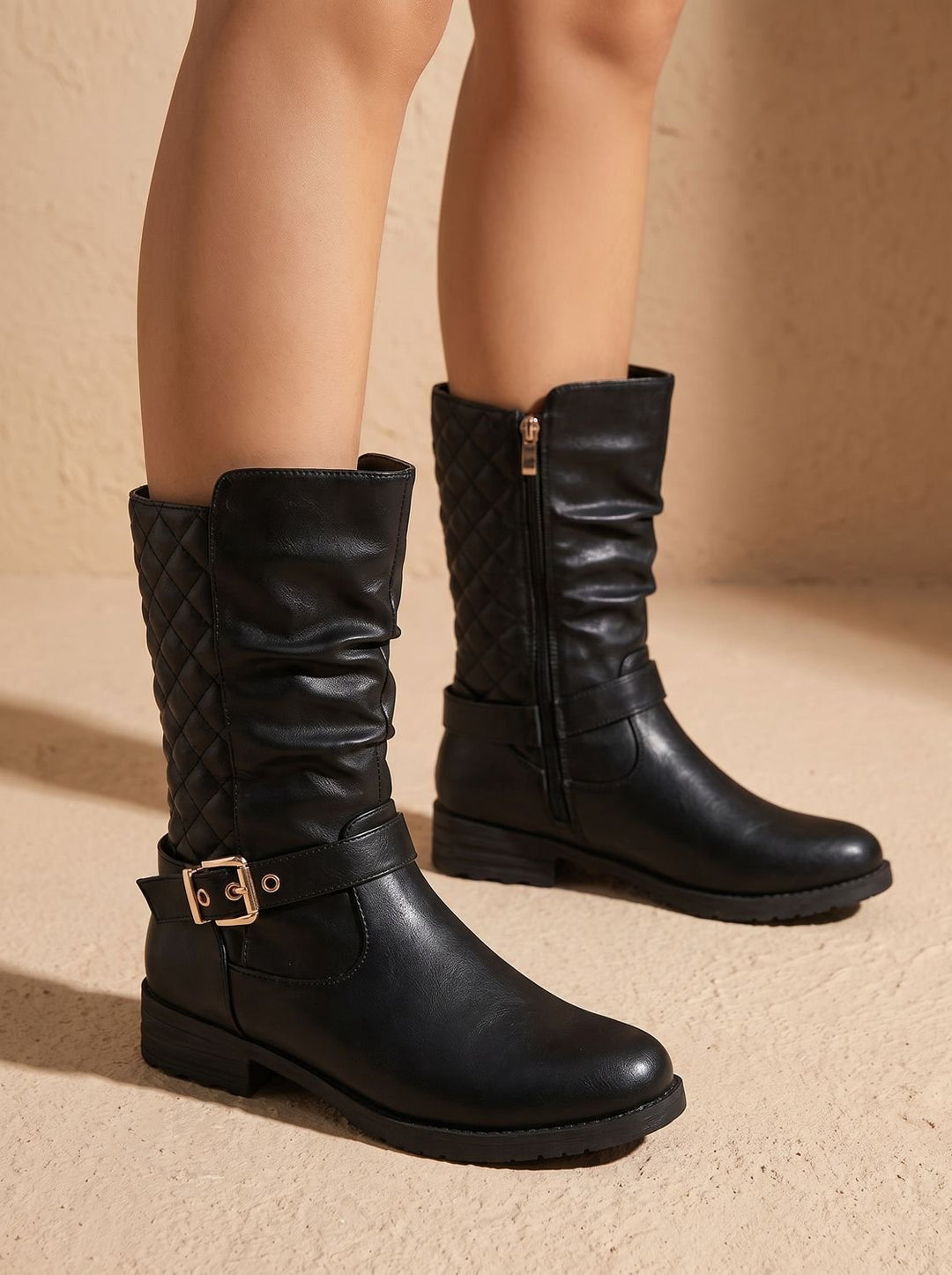 Esme slouch mid-calf boots with gold-tone buckle, front view on model