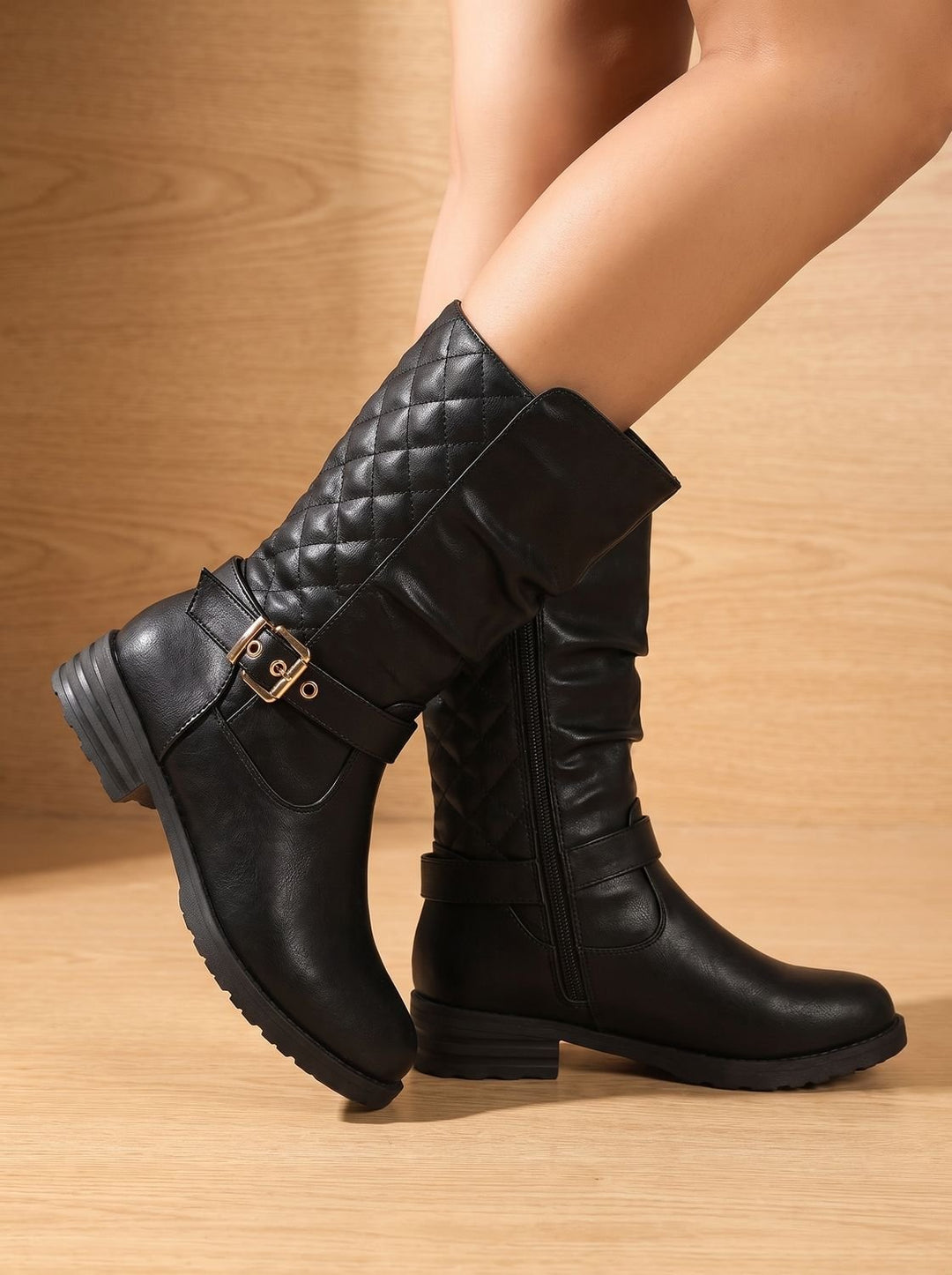 Esme slouch mid-calf boots, side profile showing low block heel and zipper