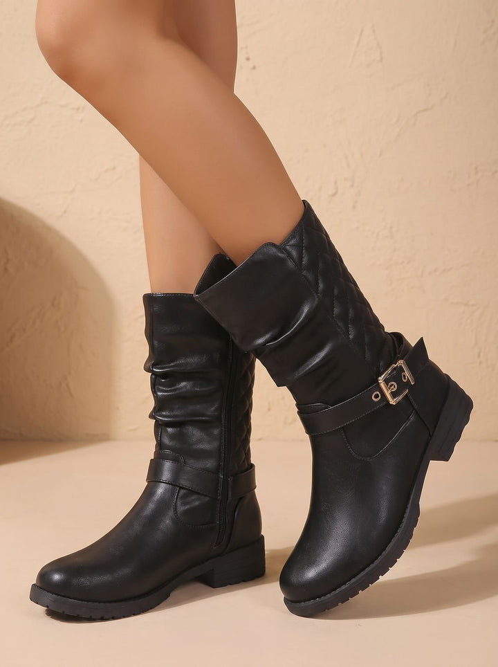 Esme slouch mid-calf boots, model standing in casual pose