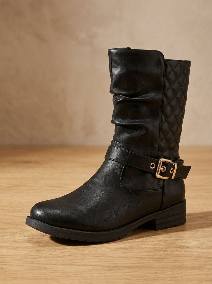 Esme slouch mid-calf boots, model standing in casual pose
