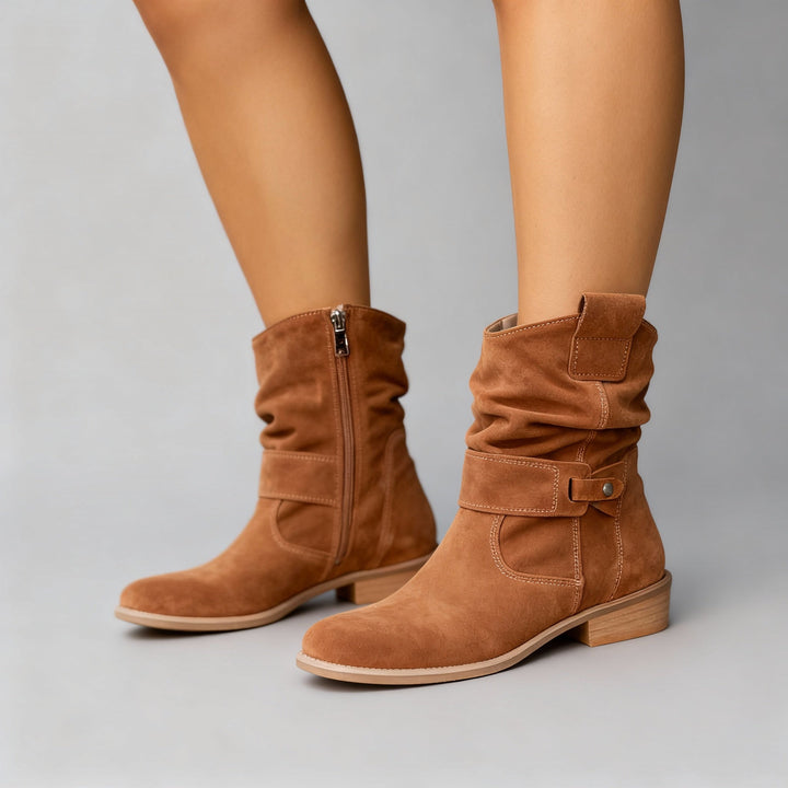 Harlow Ann slouchy mid-calf boots in brown, side view