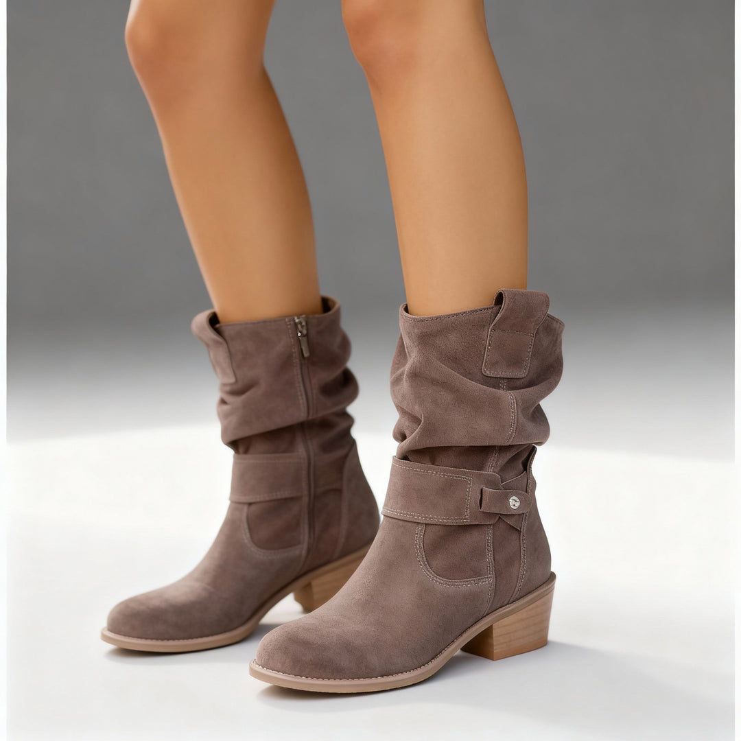 Harlow Ann slouchy mid-calf boots in taupe, walking view