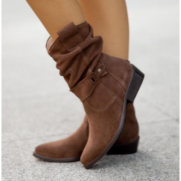 Harlow Ann slouchy mid-calf boots in brown, close-up side detail