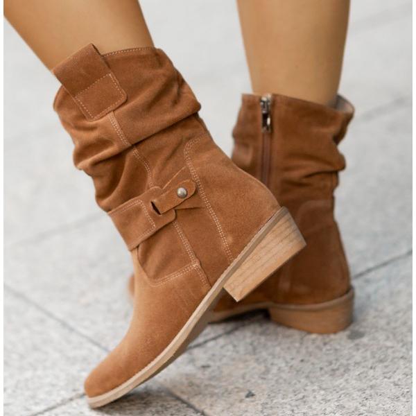 Harlow Ann slouchy mid-calf boots in brown, close-up side detail