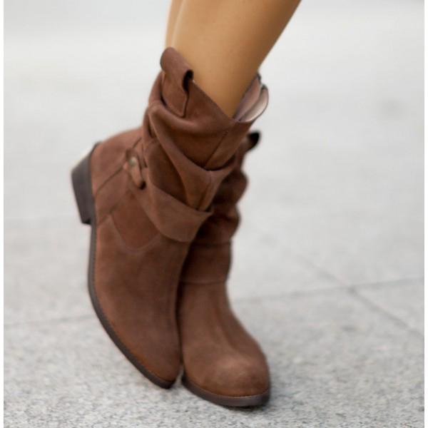 Harlow Ann slouchy mid-calf boots in brown, close-up side detail