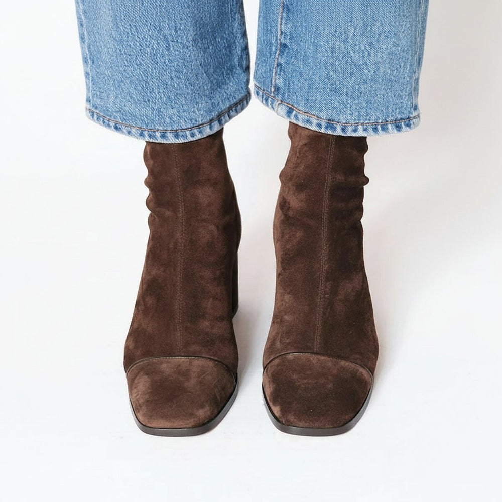 Delphine suede square-toe block-heel ankle boots, front view with jeans