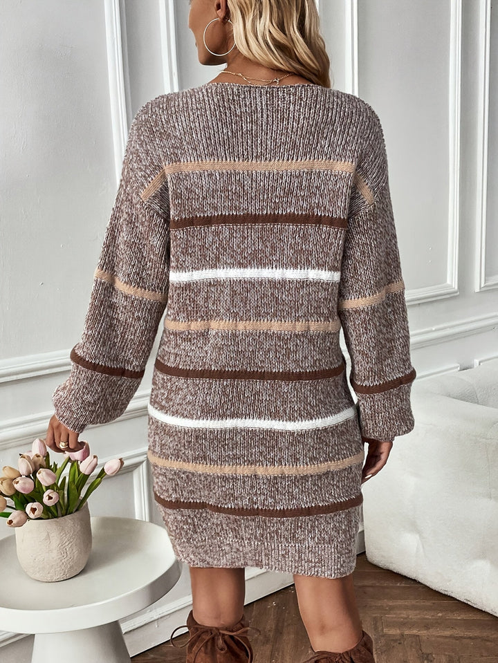 Thea striped sweater dress, front view styled with boots and bag
