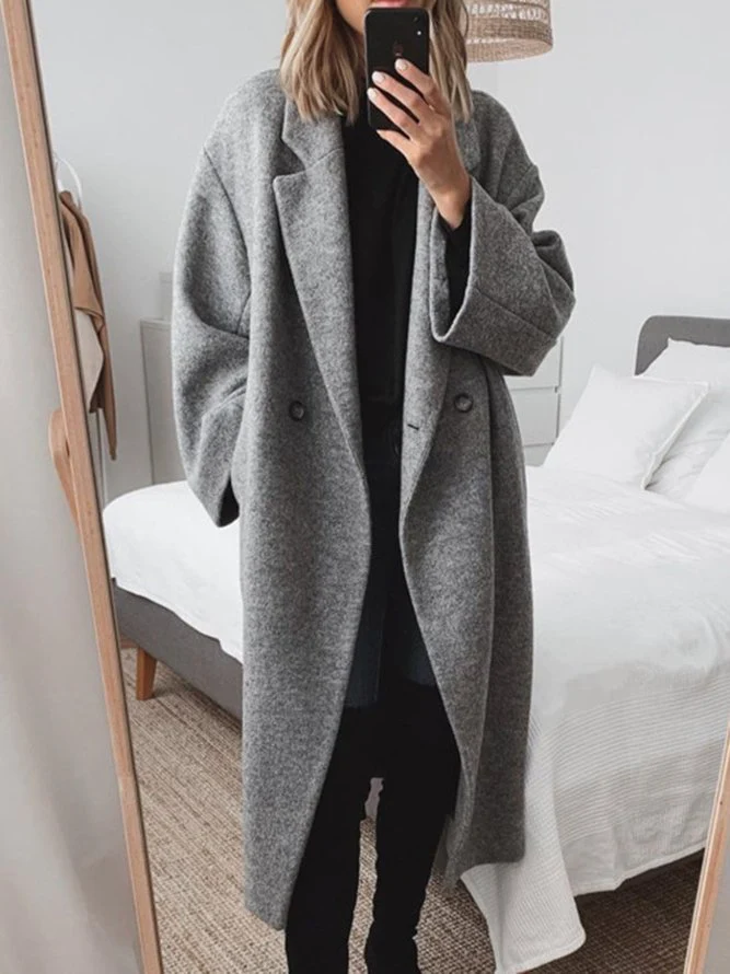 Seraphine tailored long overcoat in grey, front view in mirror selfie
