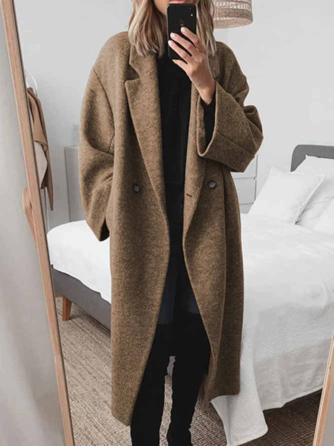 Seraphine tailored long overcoat in brown, front view in mirror selfie