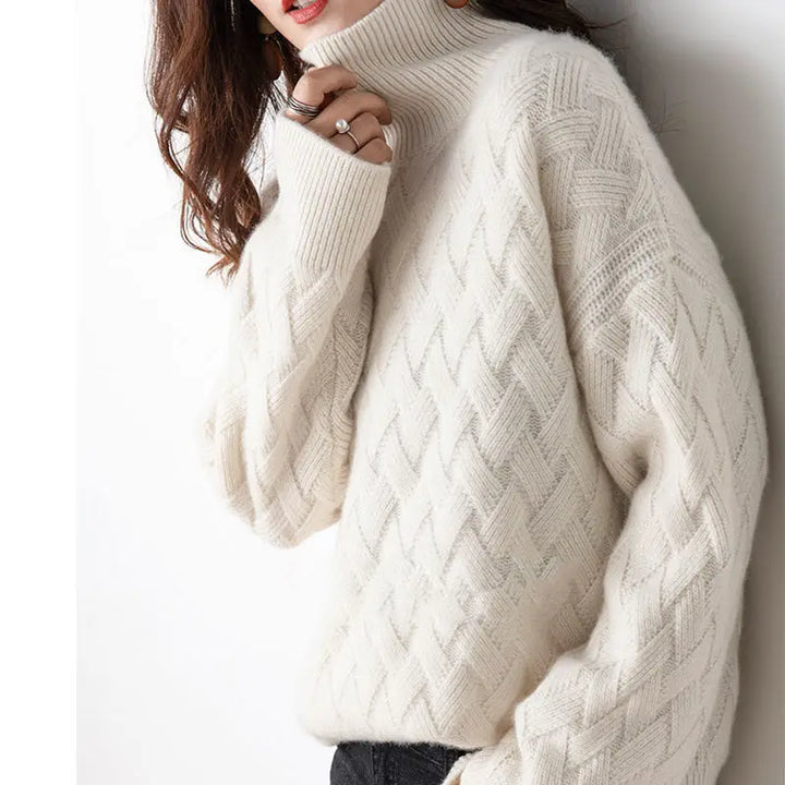 Adelina turtleneck cable knit sweater, close-up neckline detail