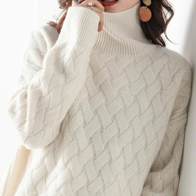 Adelina cable knit turtleneck sweater, collar and sleeve detail