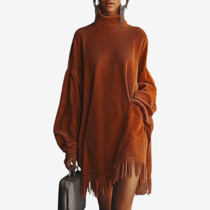 Noemi turtleneck fringe hem sweater dress, front view
