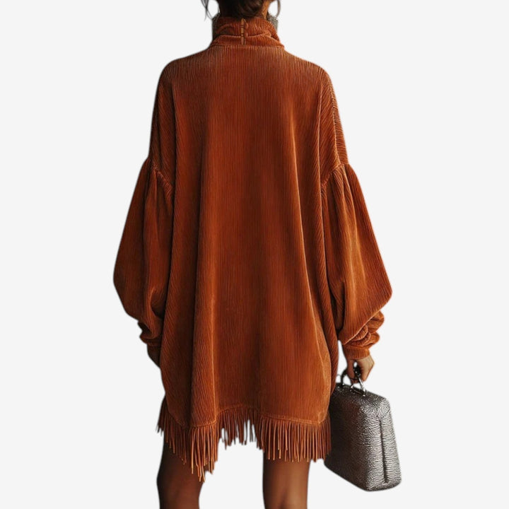 Noemi sweater dress with fringe hem, back view