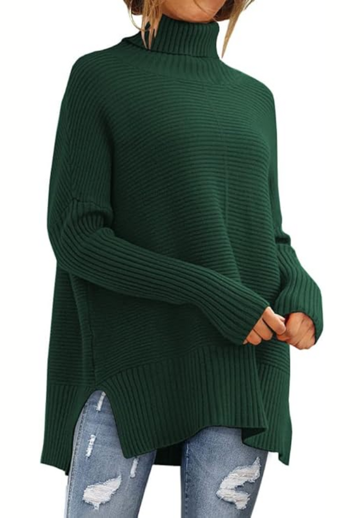 Esme green turtleneck oversized sweater, front view