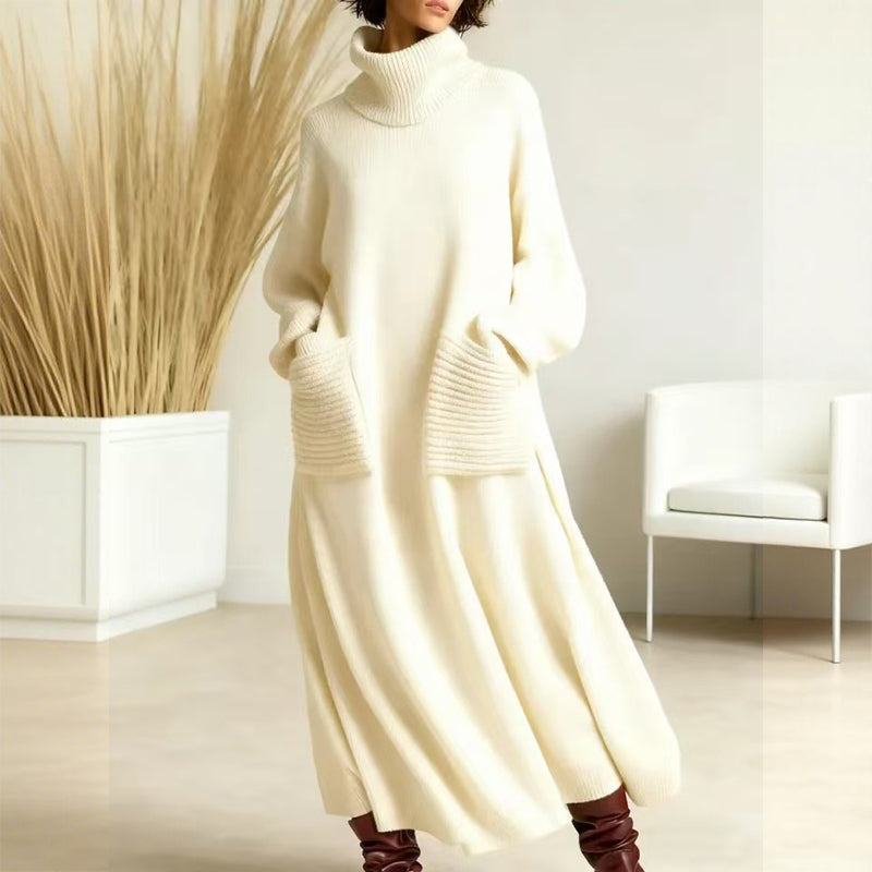 Caspian turtleneck midi sweater dress in cream, front view