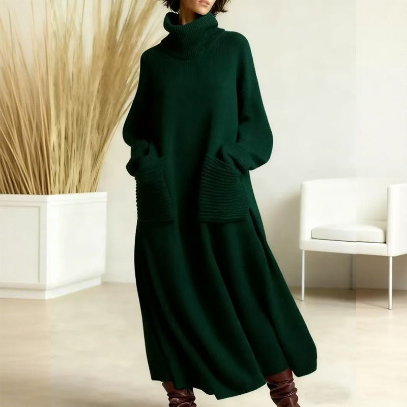 Caspian turtleneck midi sweater dress in green, front view