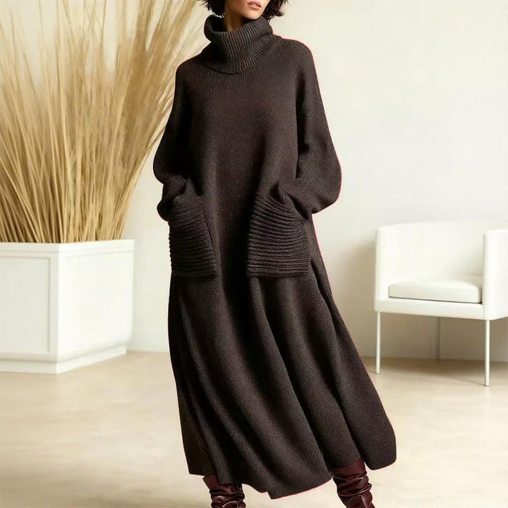 Caspian turtleneck midi sweater dress in brown, front view