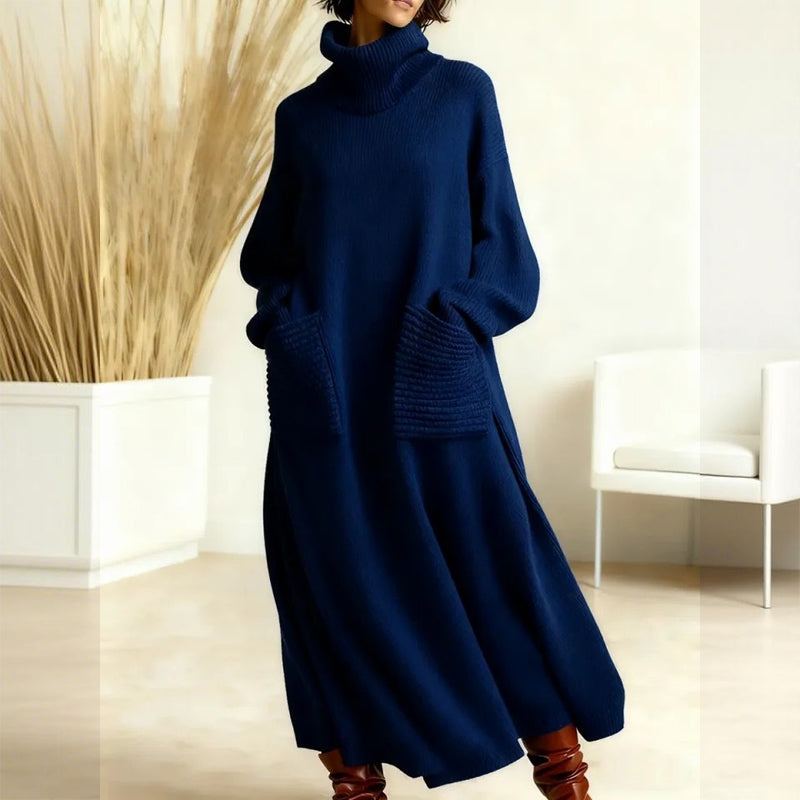 Caspian turtleneck midi sweater dress in brown, front view