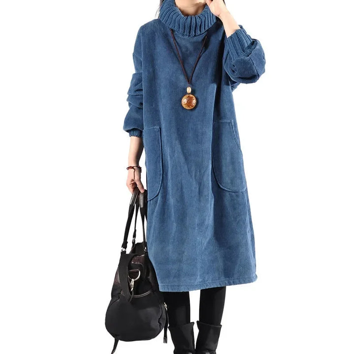 Marcelline turtleneck midi sweater dress in blue, full front view with accessories