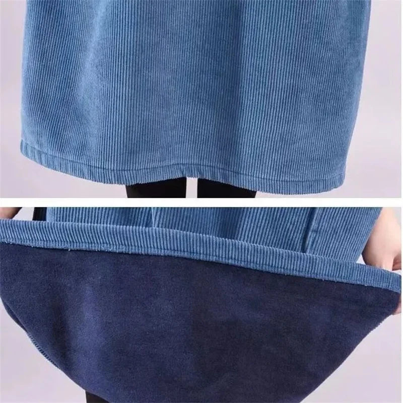 Marcelline turtleneck midi sweater dress in blue, full front view with accessories