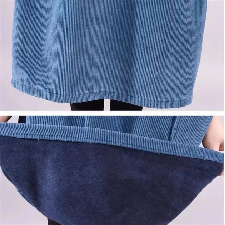 Marcelline turtleneck midi sweater dress in blue, full front view with accessories