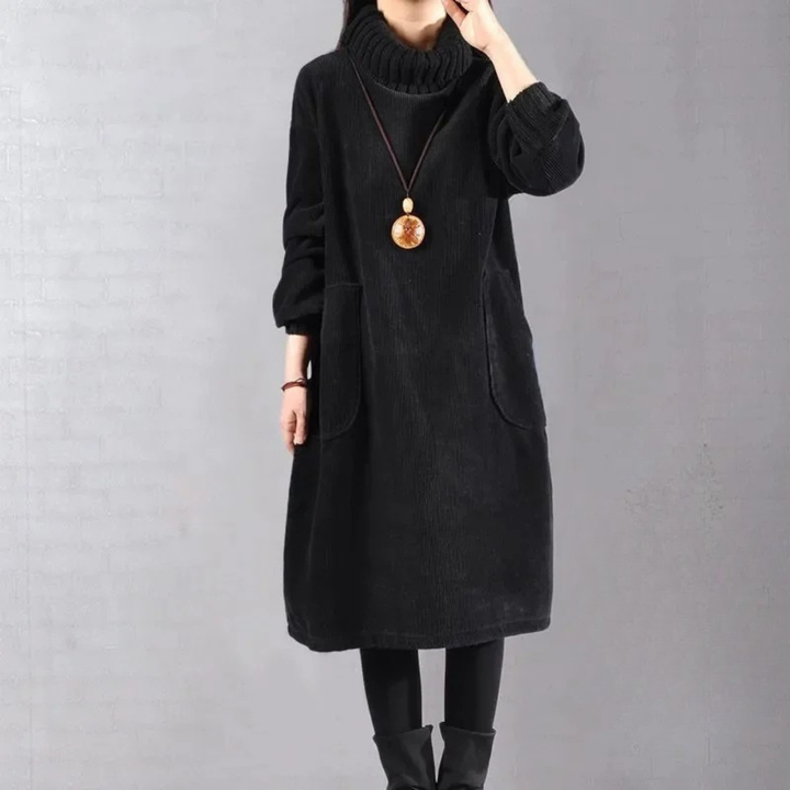 Marcelline turtleneck midi sweater dress in blue, full front view with accessories