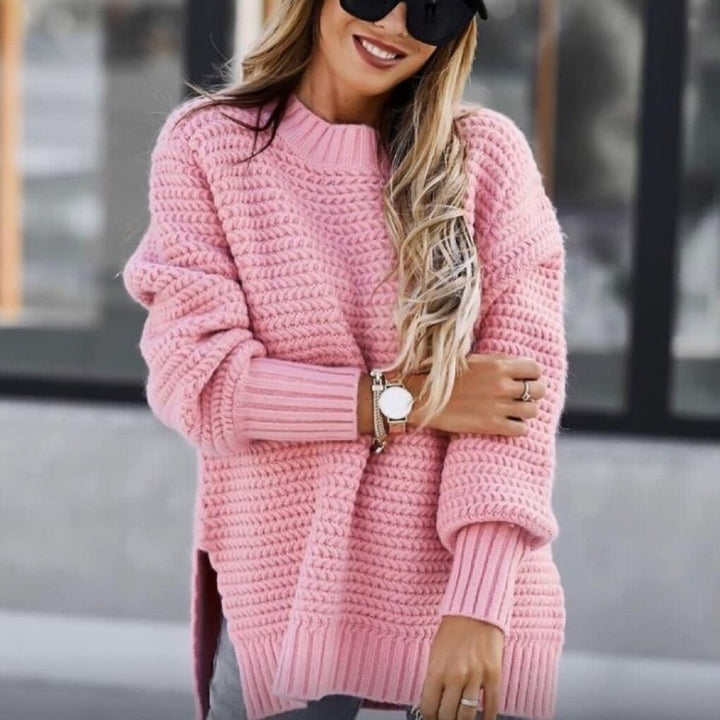 Delphine oversized turtleneck sweater in pink, front view with watch and bracelet