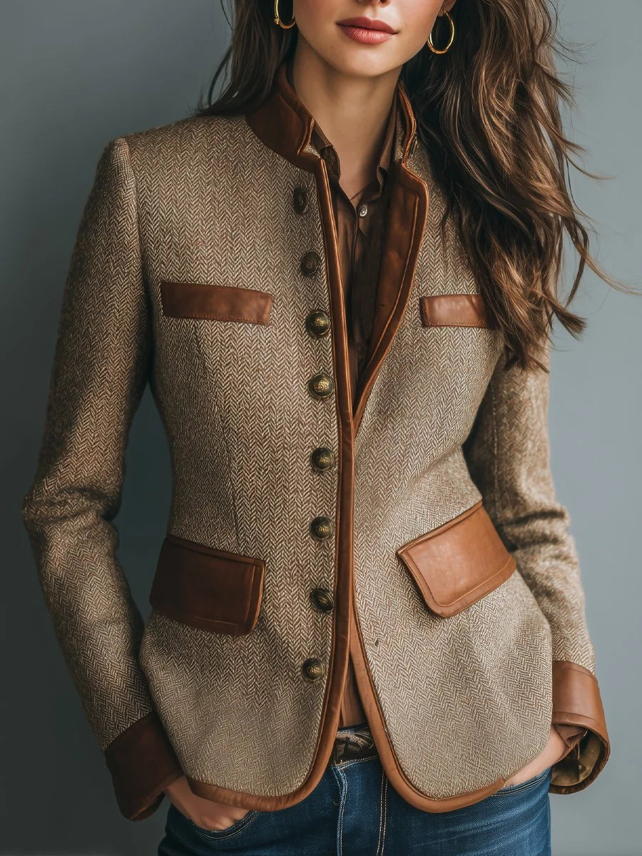 Marguerite herringbone tweed jacket with leather-trim collar, front view