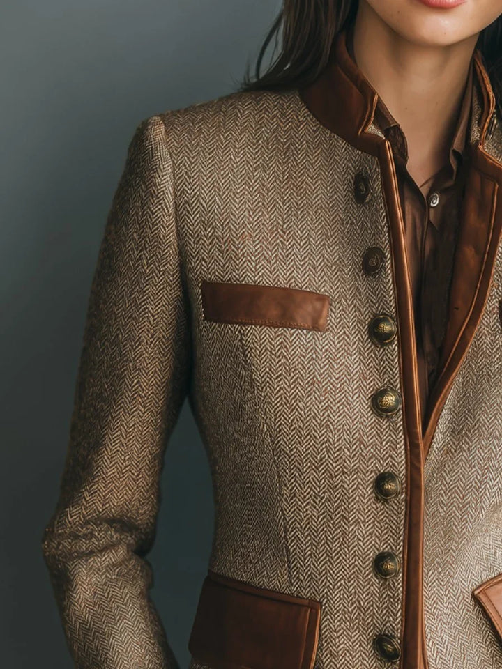 Marguerite tweed jacket close-up showing leather-trim pocket detailing