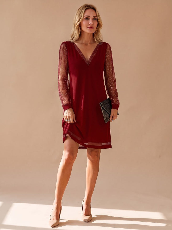 Marisol red V-neck glitter mesh sleeve mini dress, front view
