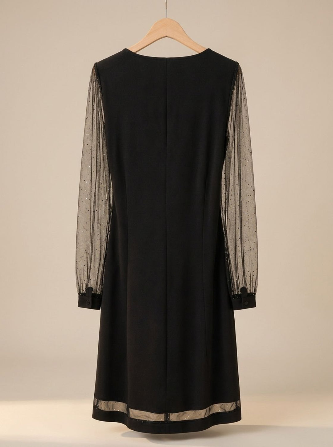 Marisol black glitter mesh sleeve mini dress, flat lay on hanger