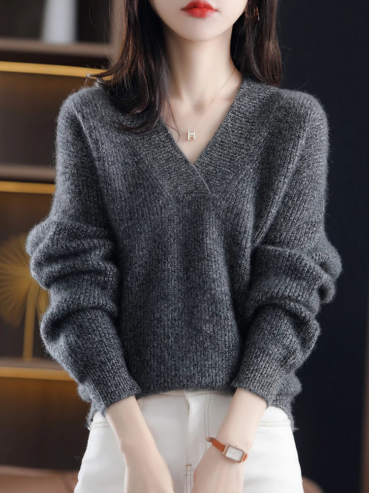 Briony V-neck long sleeve knit sweater in dark gray, front view close-up