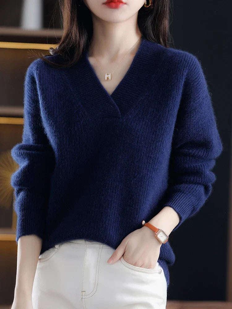 Briony V-neck knit sweater in beige, front view with belt detail