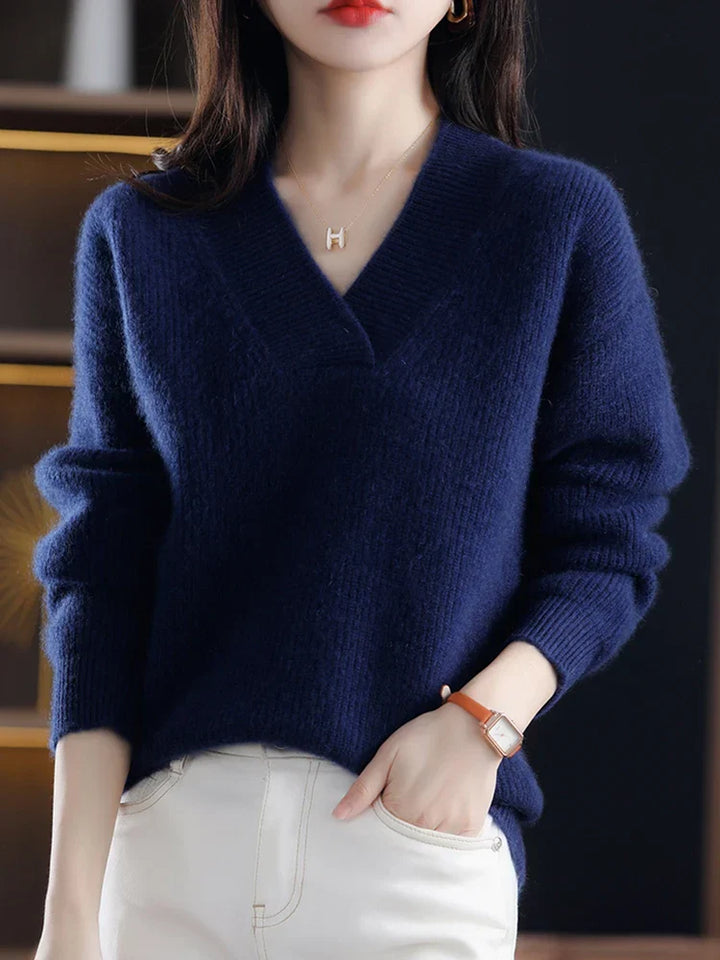 Briony V-neck knit sweater in beige, front view with belt detail