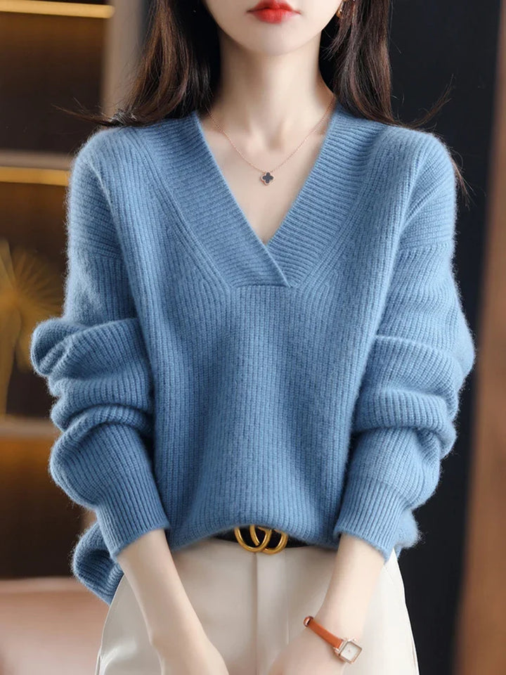 Briony V-neck knit sweater in beige, front view with belt detail
