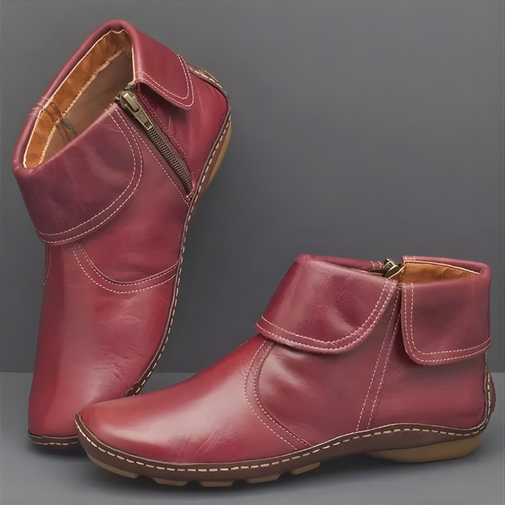 Rosamund waterproof ankle boots in red, side and standing view