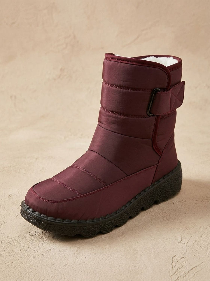 Fernanda burgundy waterproof snow boot, front angle view